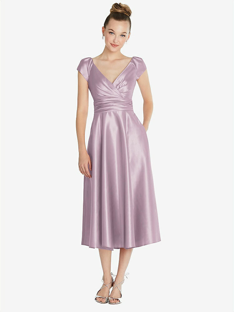 【STYLE: TH091】Cap Sleeve Faux Wrap Satin Midi Dress with Pockets【COLOR: Suede Rose】