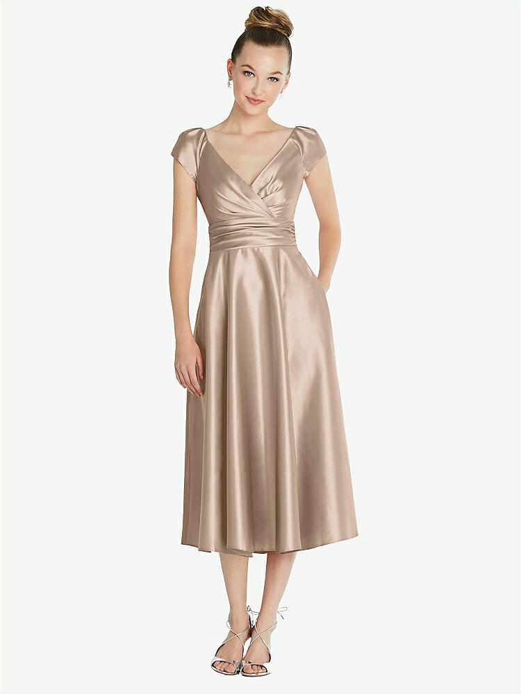【STYLE: TH091】Cap Sleeve Faux Wrap Satin Midi Dress with Pockets【COLOR: Topaz】