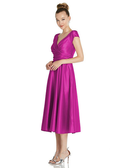 【STYLE: TH091】Cap Sleeve Faux Wrap Satin Midi Dress with Pockets【COLOR: American Beauty】