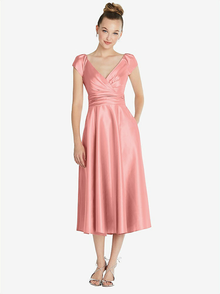 【STYLE: TH091】Cap Sleeve Faux Wrap Satin Midi Dress with Pockets【COLOR: Apricot】