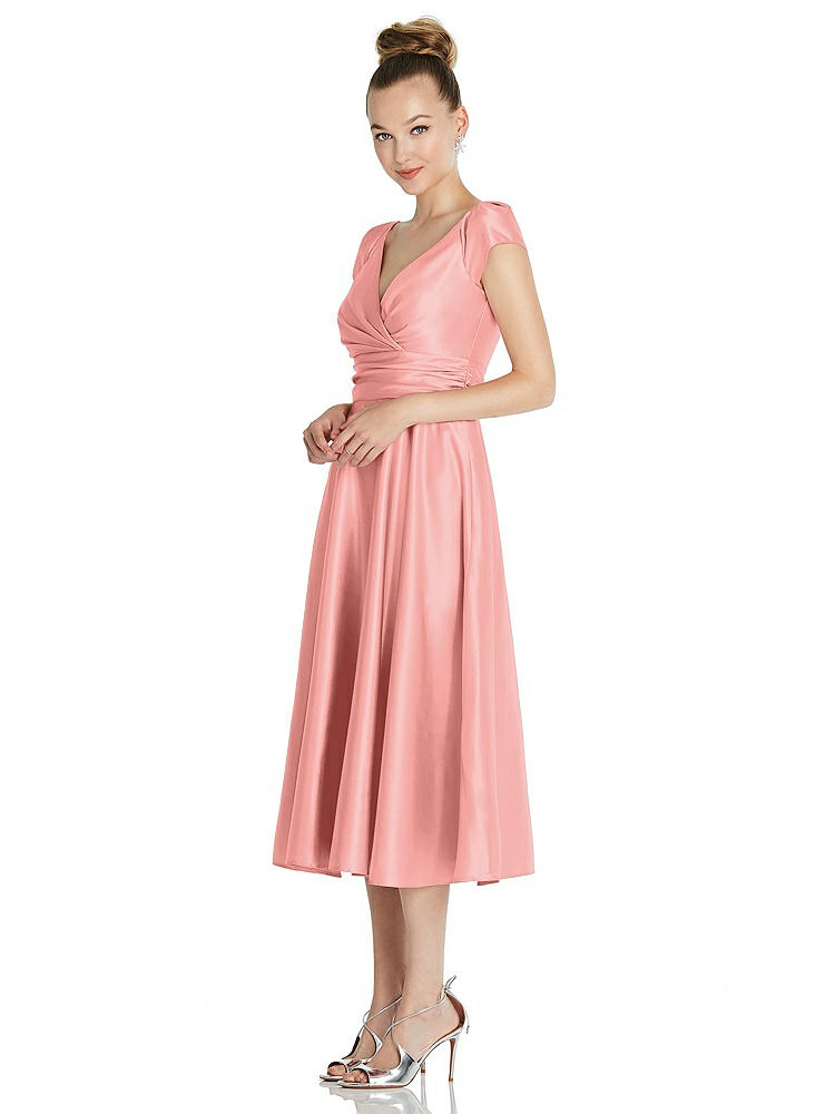 【STYLE: TH091】Cap Sleeve Faux Wrap Satin Midi Dress with Pockets【COLOR: Apricot】