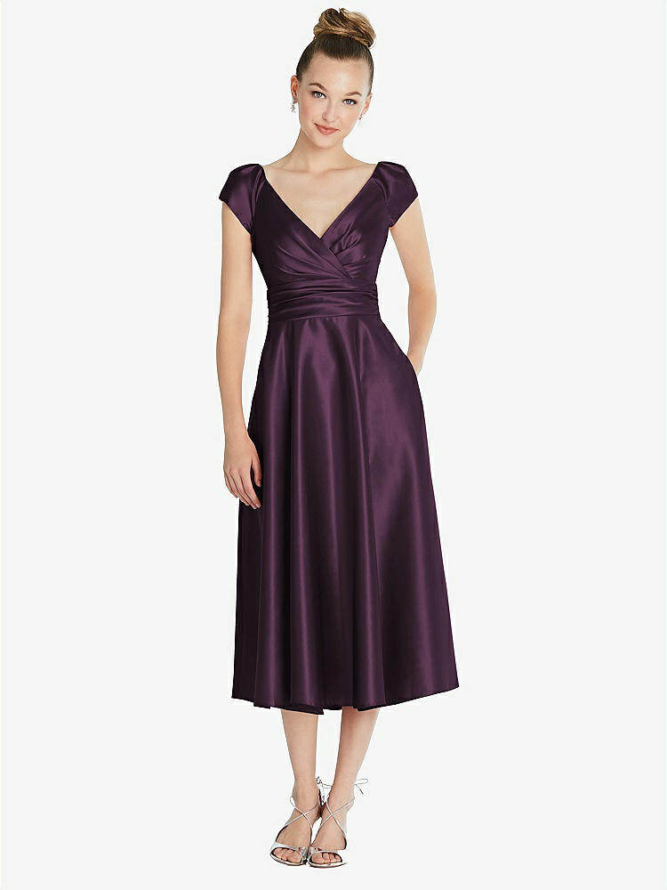 【STYLE: TH091】Cap Sleeve Faux Wrap Satin Midi Dress with Pockets【COLOR: Aubergine】