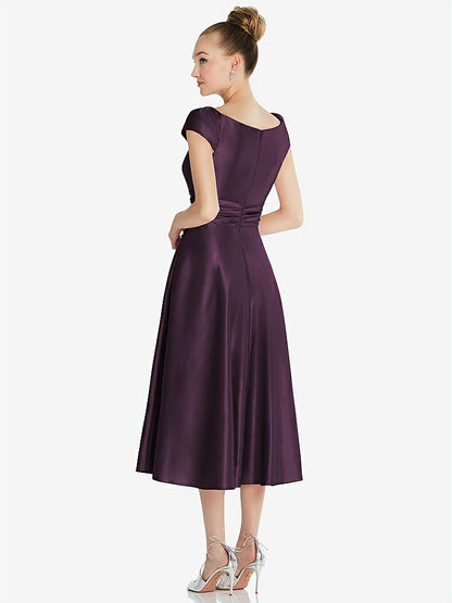 【STYLE: TH091】Cap Sleeve Faux Wrap Satin Midi Dress with Pockets【COLOR: Aubergine】