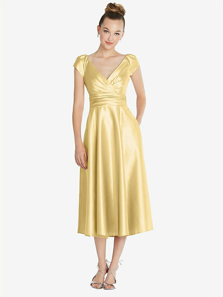 【STYLE: TH091】Cap Sleeve Faux Wrap Satin Midi Dress with Pockets【COLOR: Buttercup】