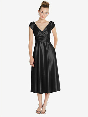 【STYLE: TH091】Cap Sleeve Faux Wrap Satin Midi Dress with Pockets【COLOR: Black】