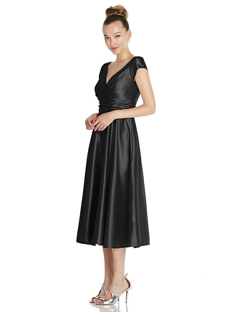 【STYLE: TH091】Cap Sleeve Faux Wrap Satin Midi Dress with Pockets【COLOR: Black】