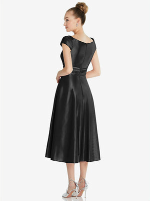 【STYLE: TH091】Cap Sleeve Faux Wrap Satin Midi Dress with Pockets【COLOR: Black】