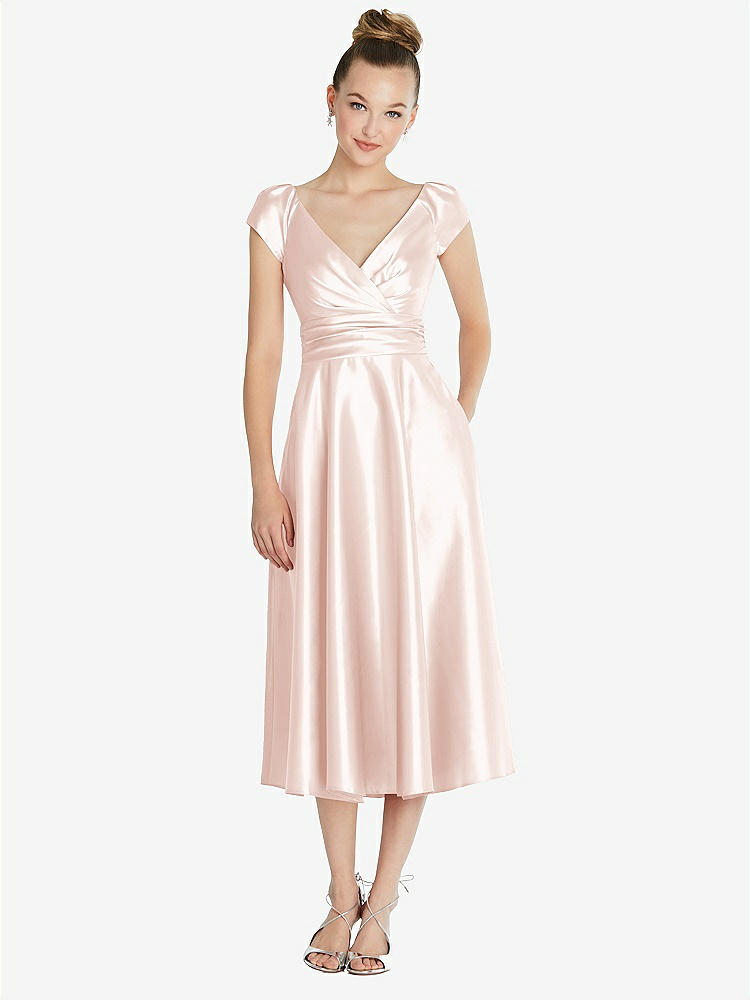 【STYLE: TH091】Cap Sleeve Faux Wrap Satin Midi Dress with Pockets【COLOR: Blush】