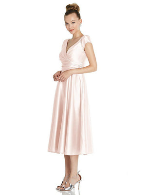 【STYLE: TH091】Cap Sleeve Faux Wrap Satin Midi Dress with Pockets【COLOR: Blush】