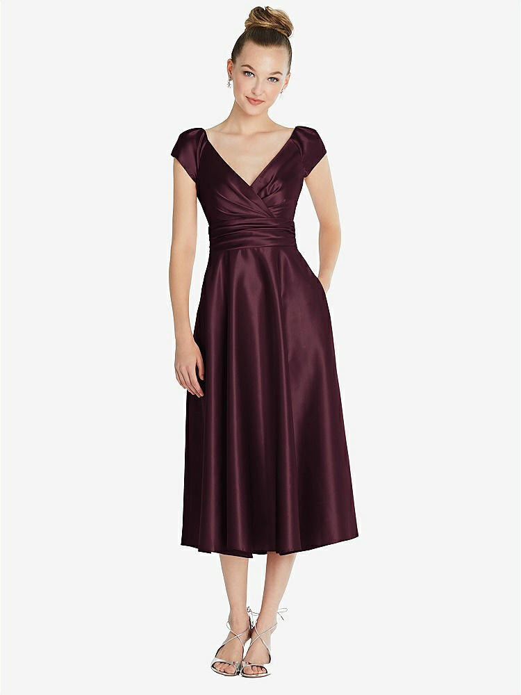 【STYLE: TH091】Cap Sleeve Faux Wrap Satin Midi Dress with Pockets【COLOR: Bordeaux】