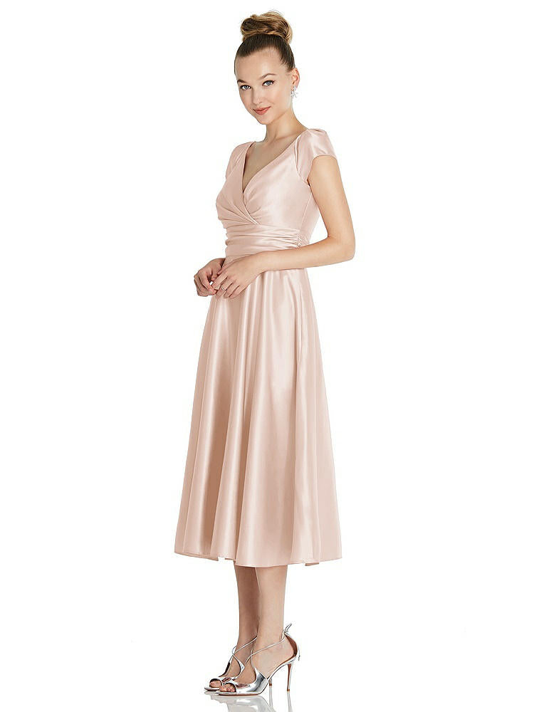 【STYLE: TH091】Cap Sleeve Faux Wrap Satin Midi Dress with Pockets【COLOR: Cameo】