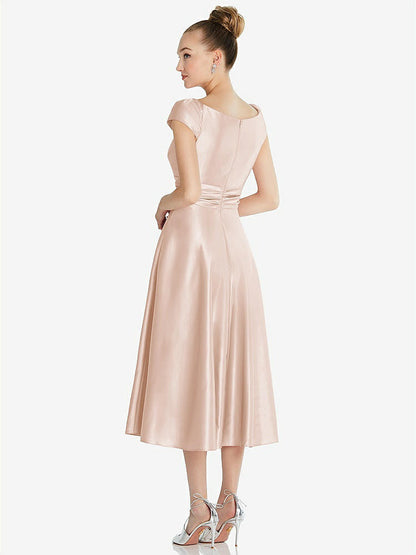 【STYLE: TH091】Cap Sleeve Faux Wrap Satin Midi Dress with Pockets【COLOR: Cameo】