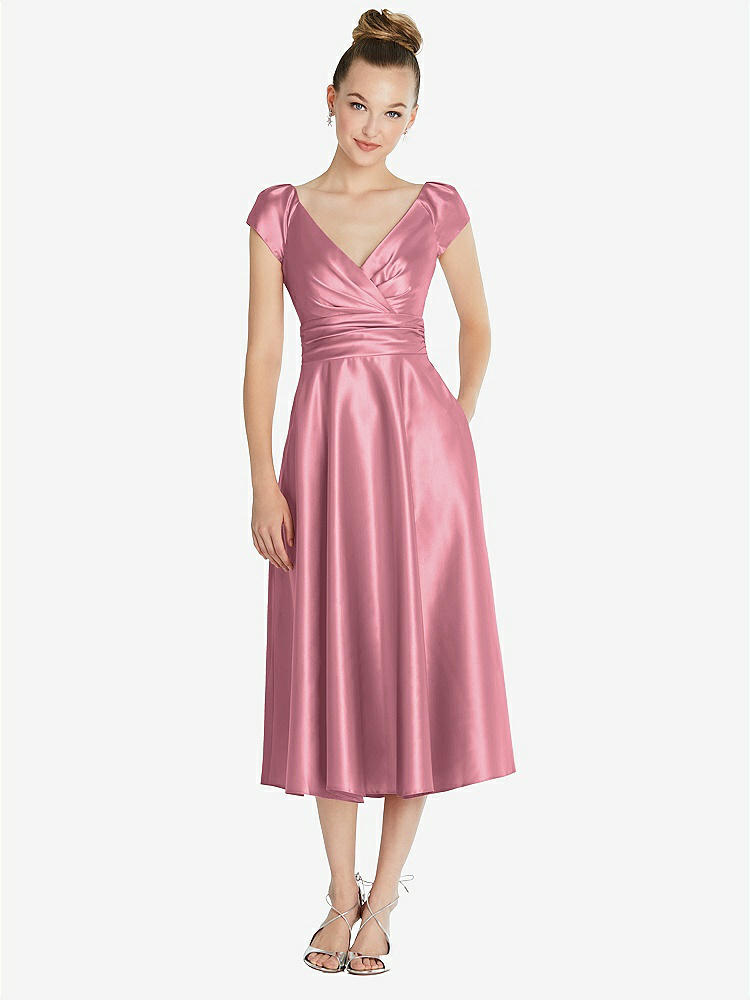 【STYLE: TH091】Cap Sleeve Faux Wrap Satin Midi Dress with Pockets【COLOR: Carnation】