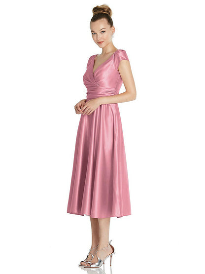 【STYLE: TH091】Cap Sleeve Faux Wrap Satin Midi Dress with Pockets【COLOR: Carnation】