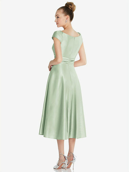 【STYLE: TH091】Cap Sleeve Faux Wrap Satin Midi Dress with Pockets【COLOR: Celadon】