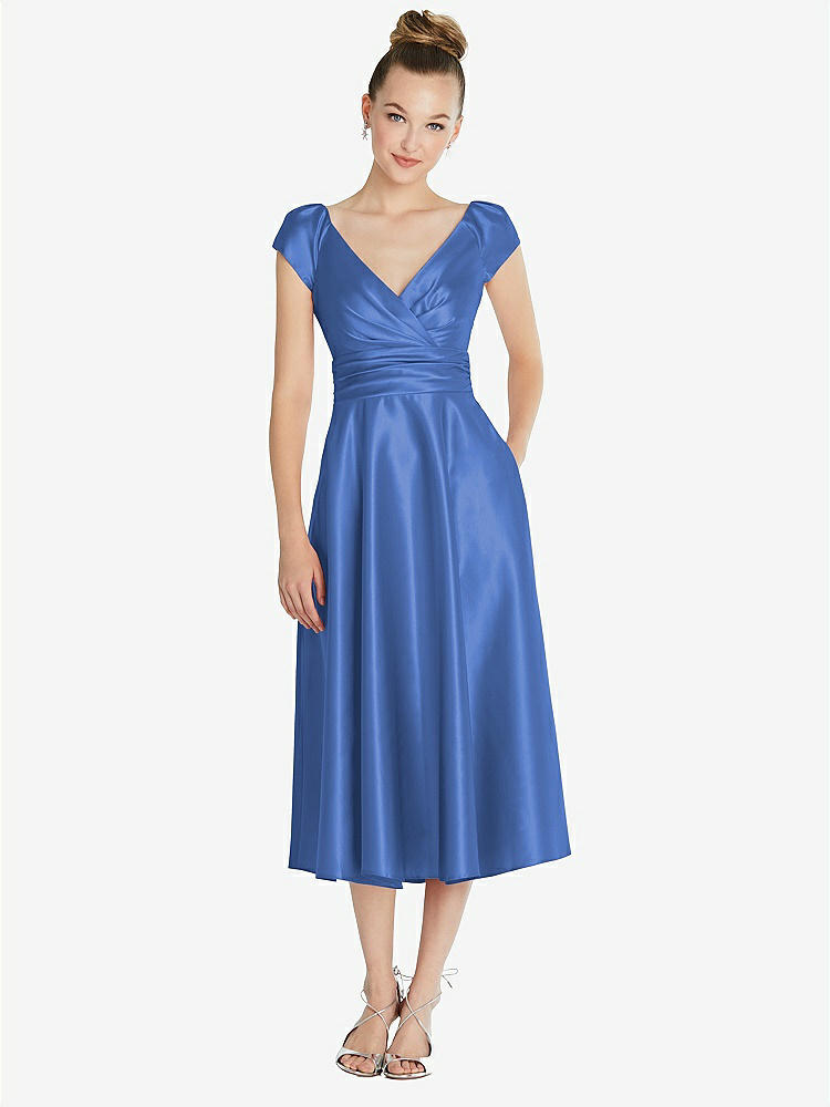 【STYLE: TH091】Cap Sleeve Faux Wrap Satin Midi Dress with Pockets【COLOR: Cornflower】
