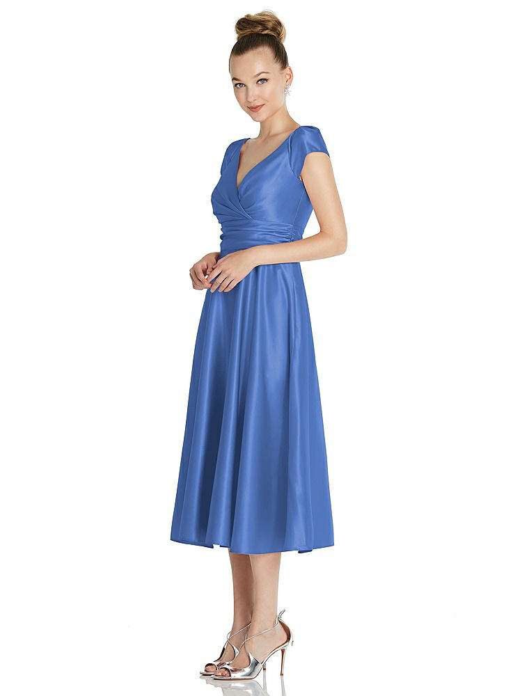 【STYLE: TH091】Cap Sleeve Faux Wrap Satin Midi Dress with Pockets【COLOR: Cornflower】