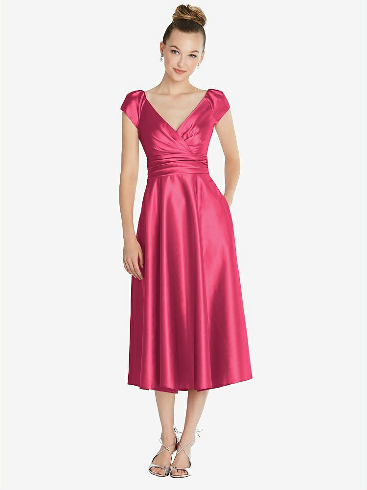 【STYLE: TH091】Cap Sleeve Faux Wrap Satin Midi Dress with Pockets【COLOR: Pantone Honeysuckle】