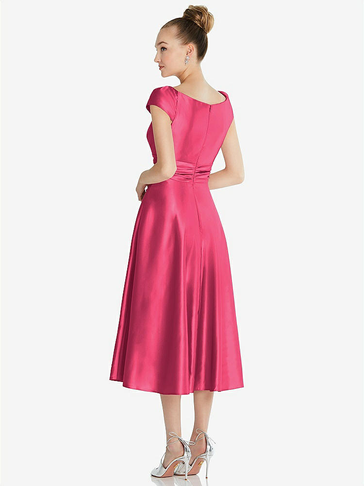 【STYLE: TH091】Cap Sleeve Faux Wrap Satin Midi Dress with Pockets【COLOR: Pantone Honeysuckle】