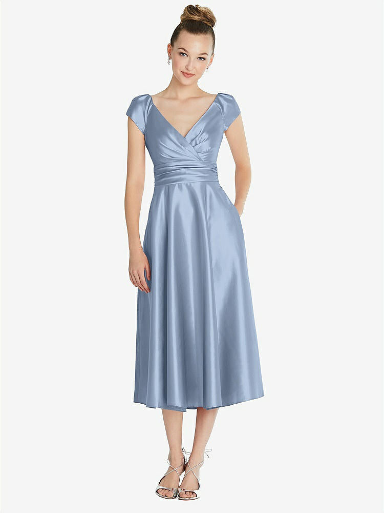 【STYLE: TH091】Cap Sleeve Faux Wrap Satin Midi Dress with Pockets【COLOR: Cloudy】