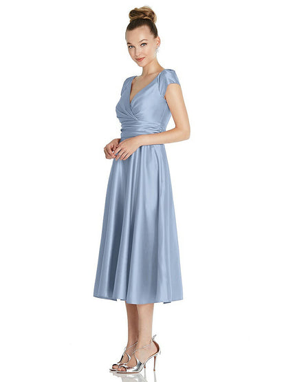 【STYLE: TH091】Cap Sleeve Faux Wrap Satin Midi Dress with Pockets【COLOR: Cloudy】