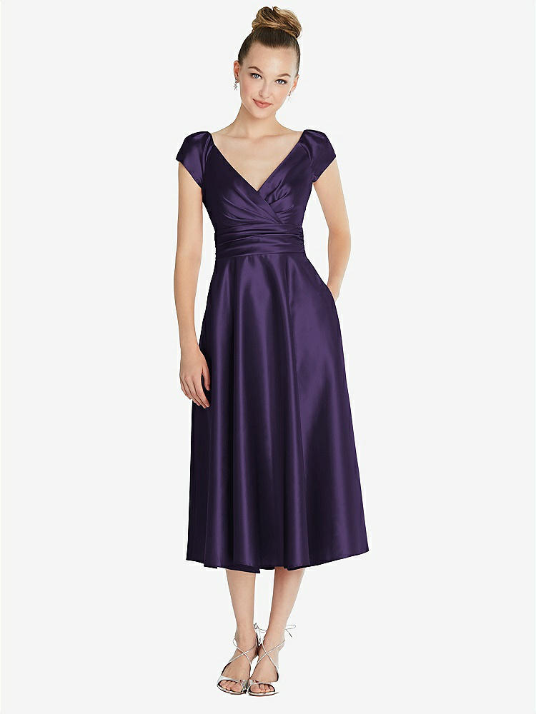 【STYLE: TH091】Cap Sleeve Faux Wrap Satin Midi Dress with Pockets【COLOR: Concord】