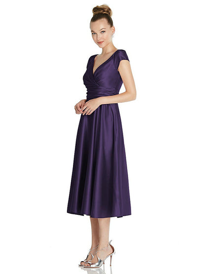 【STYLE: TH091】Cap Sleeve Faux Wrap Satin Midi Dress with Pockets【COLOR: Concord】