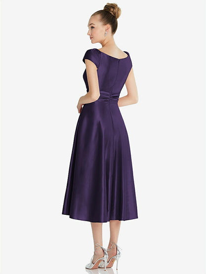 【STYLE: TH091】Cap Sleeve Faux Wrap Satin Midi Dress with Pockets【COLOR: Concord】