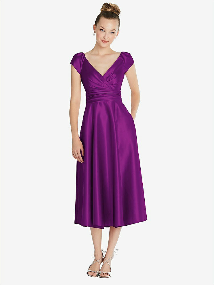 【STYLE: TH091】Cap Sleeve Faux Wrap Satin Midi Dress with Pockets【COLOR: Dahlia】