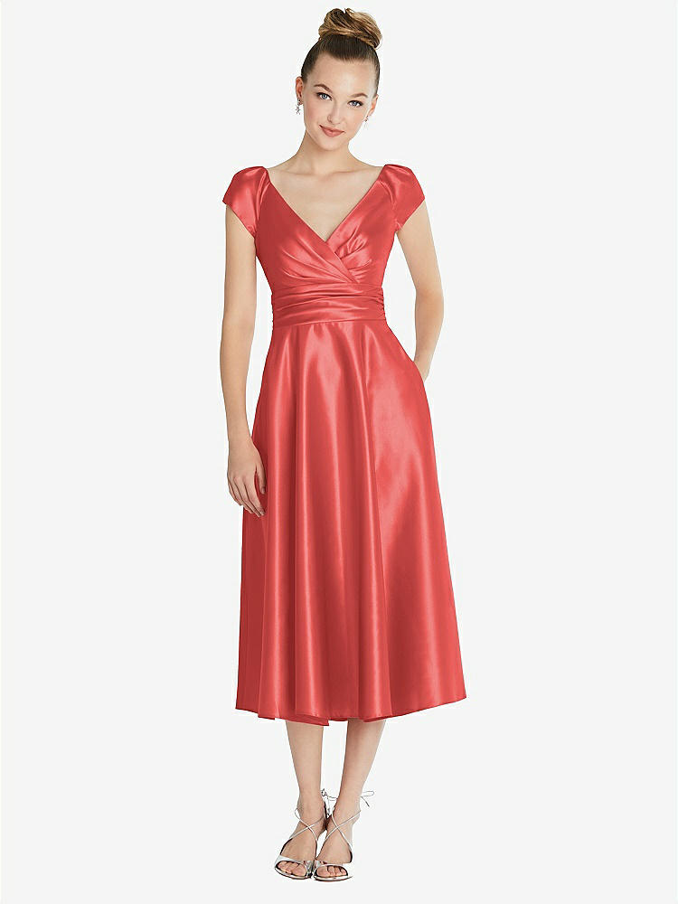 【STYLE: TH091】Cap Sleeve Faux Wrap Satin Midi Dress with Pockets【COLOR: Perfect Coral】