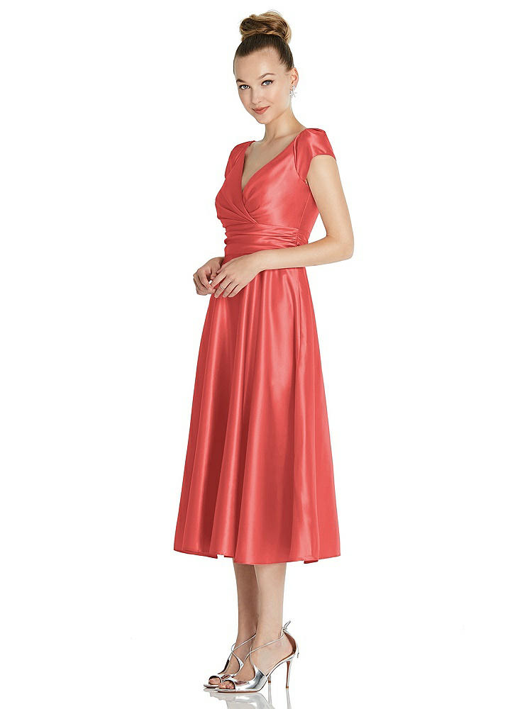 【STYLE: TH091】Cap Sleeve Faux Wrap Satin Midi Dress with Pockets【COLOR: Perfect Coral】