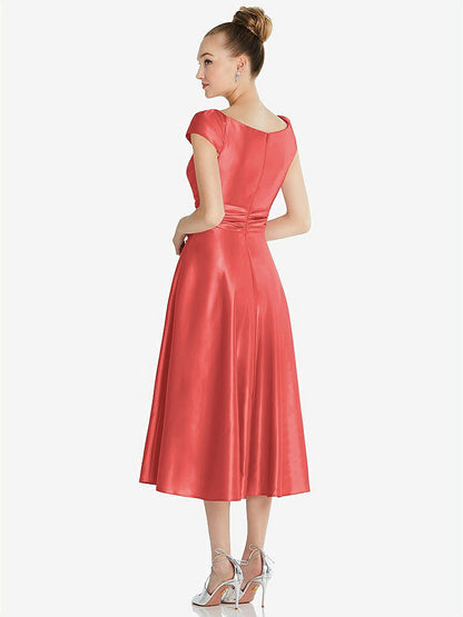 【STYLE: TH091】Cap Sleeve Faux Wrap Satin Midi Dress with Pockets【COLOR: Perfect Coral】