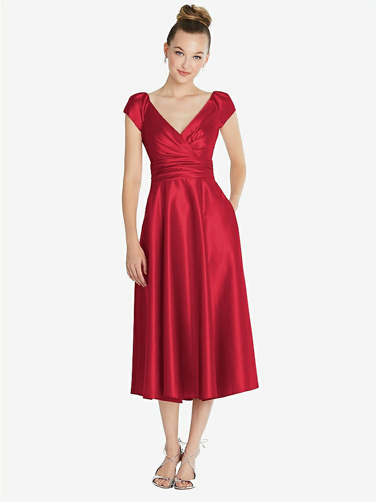 【STYLE: TH091】Cap Sleeve Faux Wrap Satin Midi Dress with Pockets【COLOR: Flame】