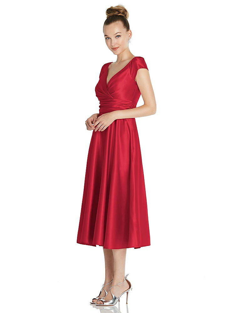 【STYLE: TH091】Cap Sleeve Faux Wrap Satin Midi Dress with Pockets【COLOR: Flame】