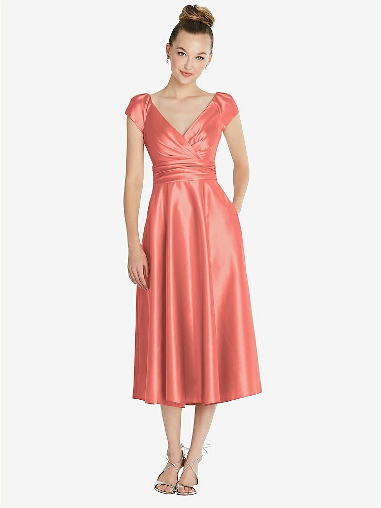 【STYLE: TH091】Cap Sleeve Faux Wrap Satin Midi Dress with Pockets【COLOR: Ginger】