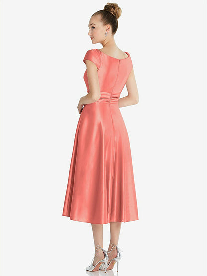 【STYLE: TH091】Cap Sleeve Faux Wrap Satin Midi Dress with Pockets【COLOR: Ginger】