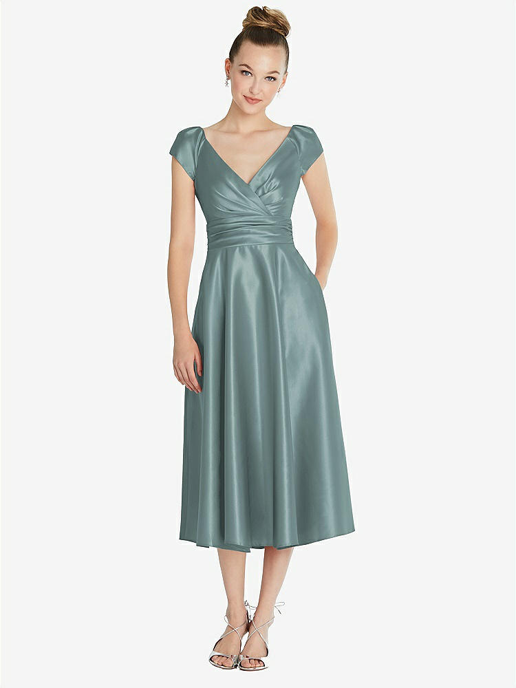 【STYLE: TH091】Cap Sleeve Faux Wrap Satin Midi Dress with Pockets【COLOR: Icelandic】