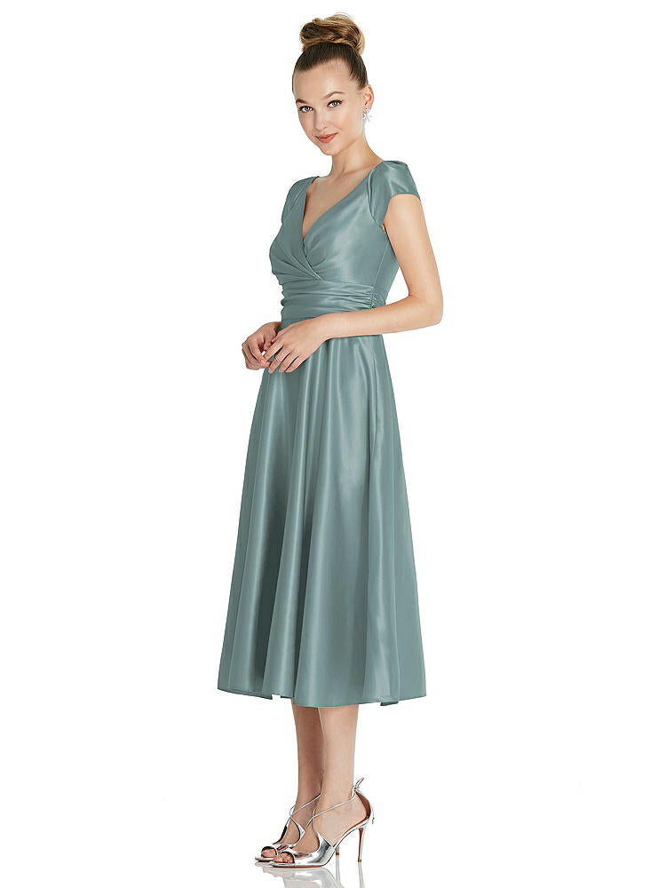 【STYLE: TH091】Cap Sleeve Faux Wrap Satin Midi Dress with Pockets【COLOR: Icelandic】