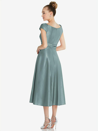 【STYLE: TH091】Cap Sleeve Faux Wrap Satin Midi Dress with Pockets【COLOR: Icelandic】