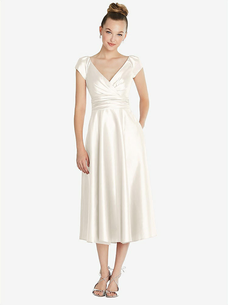 【STYLE: TH091】Cap Sleeve Faux Wrap Satin Midi Dress with Pockets【COLOR: Ivory】