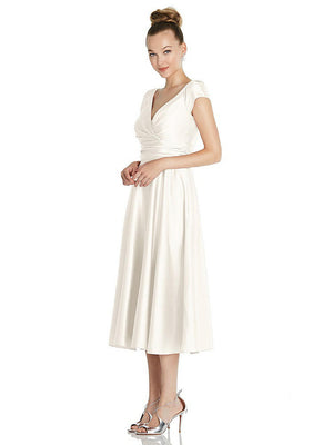 【STYLE: TH091】Cap Sleeve Faux Wrap Satin Midi Dress with Pockets【COLOR: Ivory】