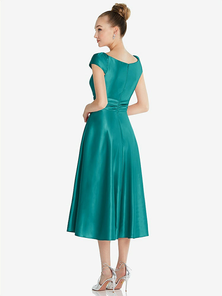 【STYLE: TH091】Cap Sleeve Faux Wrap Satin Midi Dress with Pockets【COLOR: Jade】