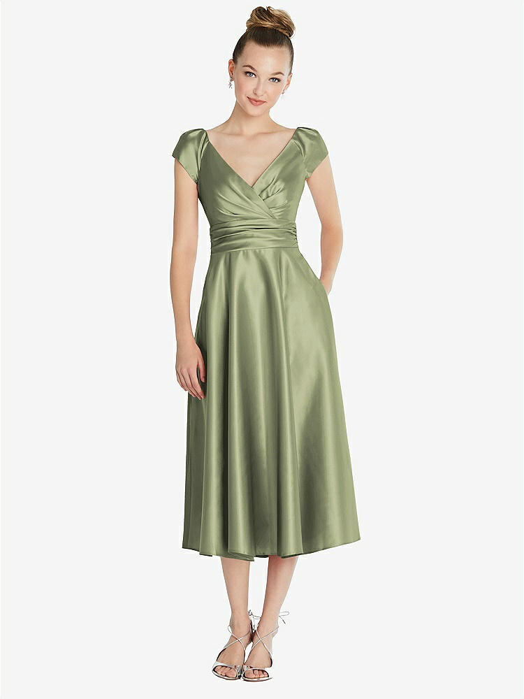 【STYLE: TH091】Cap Sleeve Faux Wrap Satin Midi Dress with Pockets【COLOR: Kiwi】