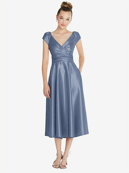【STYLE: TH091】Cap Sleeve Faux Wrap Satin Midi Dress with Pockets【COLOR: Larkspur Blue】
