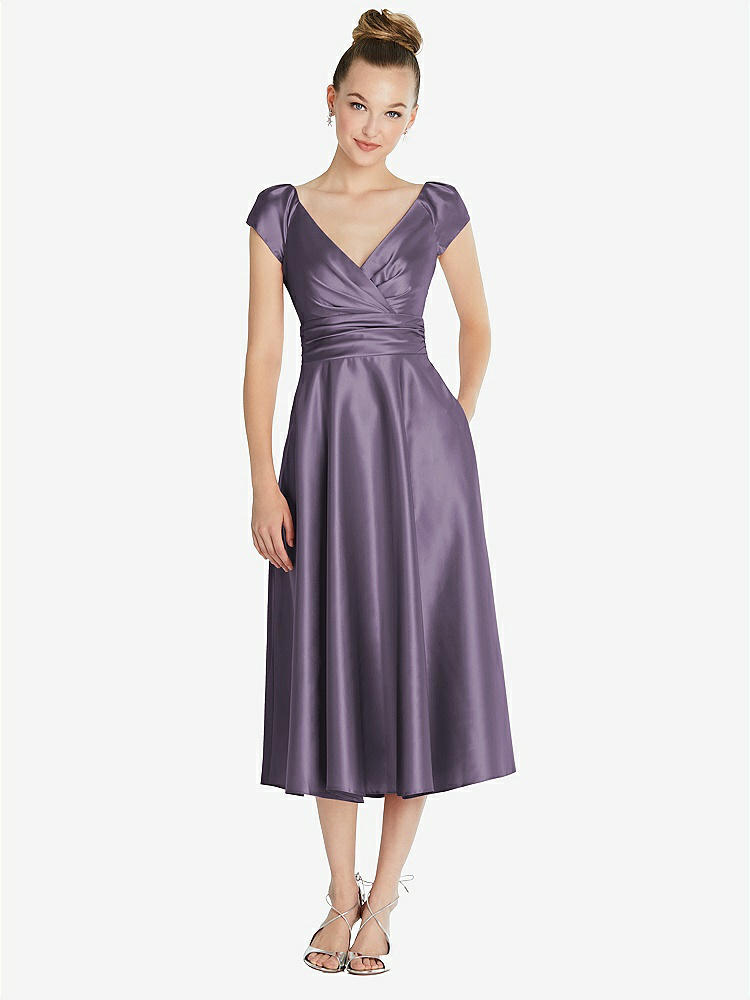 【STYLE: TH091】Cap Sleeve Faux Wrap Satin Midi Dress with Pockets【COLOR: Lavender】