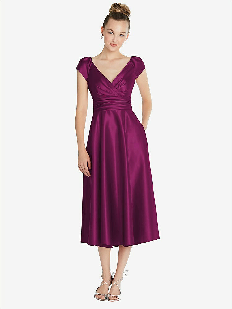 【STYLE: TH091】Cap Sleeve Faux Wrap Satin Midi Dress with Pockets【COLOR: Merlot】