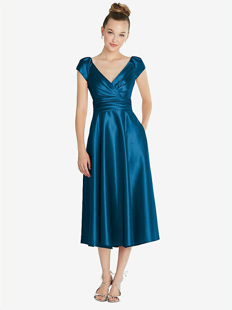 【STYLE: TH091】Cap Sleeve Faux Wrap Satin Midi Dress with Pockets【COLOR: Ocean Blue】