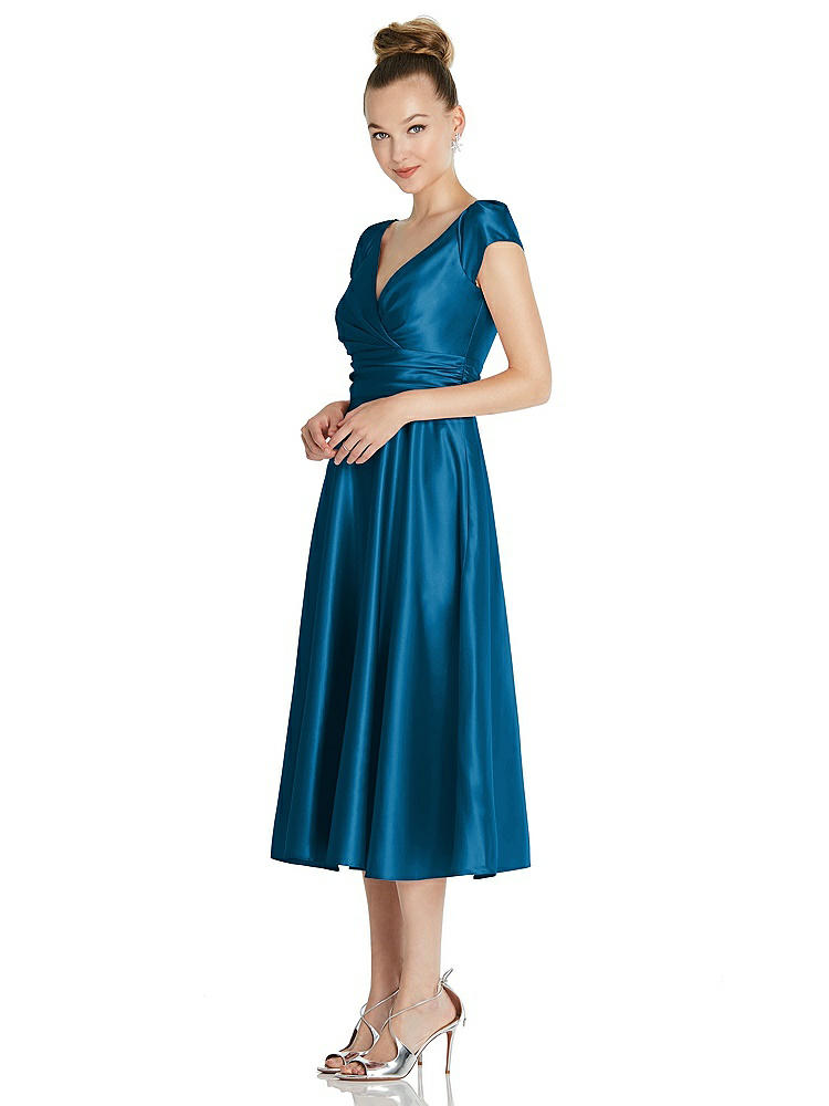 【STYLE: TH091】Cap Sleeve Faux Wrap Satin Midi Dress with Pockets【COLOR: Ocean Blue】