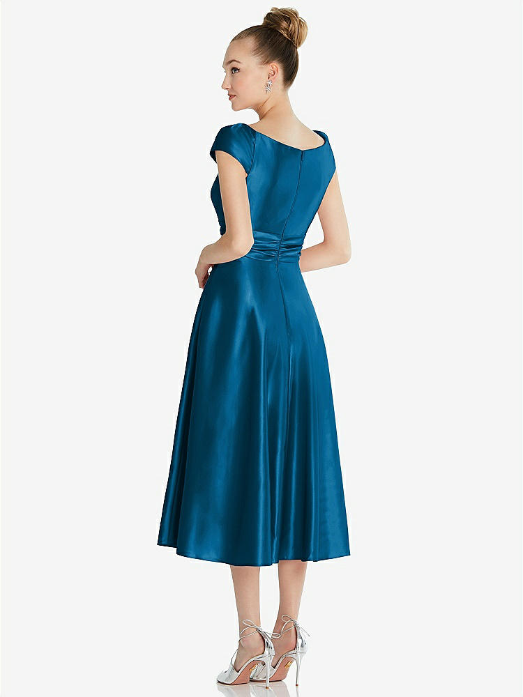 【STYLE: TH091】Cap Sleeve Faux Wrap Satin Midi Dress with Pockets【COLOR: Ocean Blue】