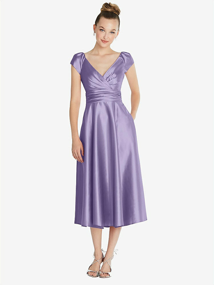 【NEW】【STYLE: TH091】キャップ スリーブ フェイク ラップ サテン MIDI ドレス ポケット付き【COLOR: Passion】【SIZE: 00-30W】